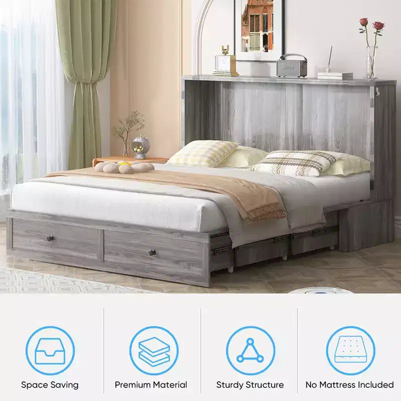 Lit escamotable moderne de taille double/grand format avec rangement, sans matelas, gris, 57x11x79 po