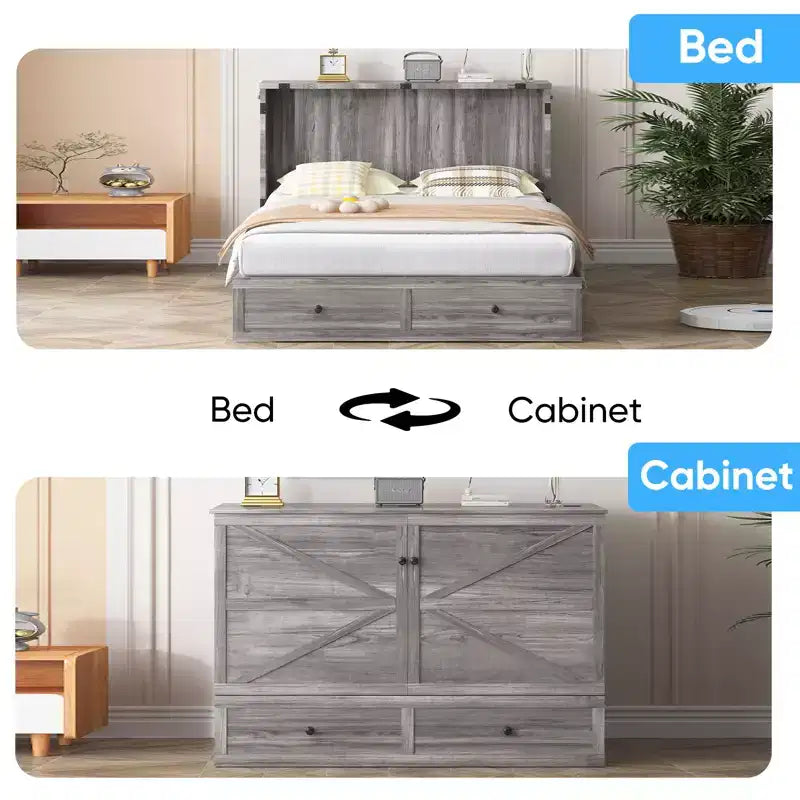 Lit escamotable moderne de taille double/grand format avec rangement, sans matelas, gris, 57x11x79 po