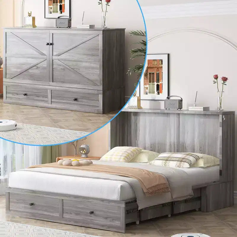 Lit escamotable moderne de taille double/grand format avec rangement, sans matelas, gris, 57x11x79 po