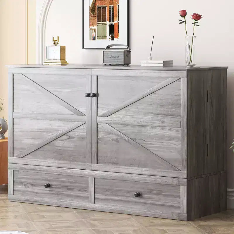 Lit escamotable moderne de taille double/grand format avec rangement, sans matelas, gris, 57x11x79 po
