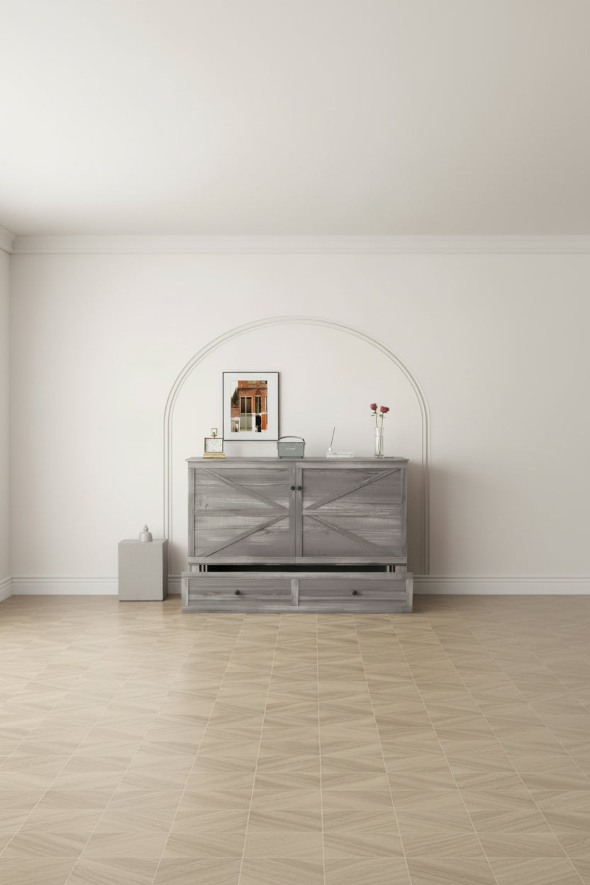 Lit escamotable moderne de taille double/grand format avec rangement, sans matelas, gris, 57x11x79 po