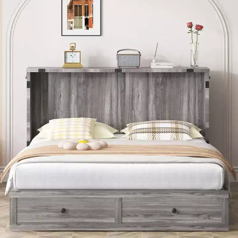 Lit escamotable moderne de taille double/grand format avec rangement, sans matelas, gris, 57x11x79 po