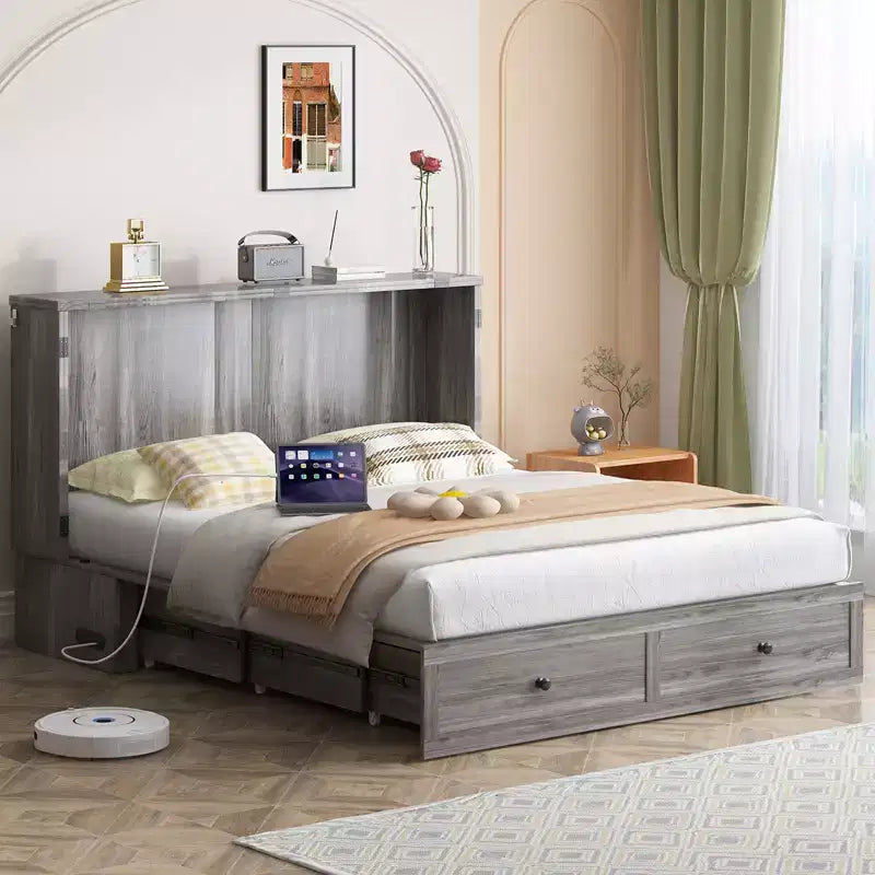 Lit escamotable moderne de taille double/grand format avec rangement, sans matelas, gris, 57x11x79 po