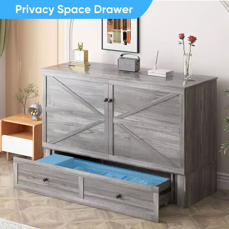 Lit escamotable moderne de taille double/grand format avec rangement, sans matelas, gris, 57x11x79 po