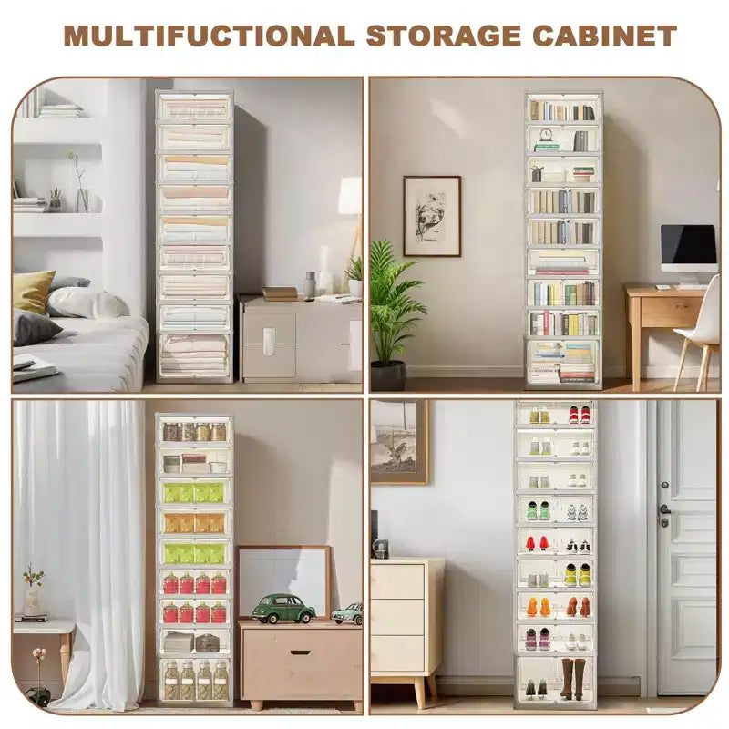 Étagère à Chaussures Pliable et Empilable, Boîtes de Rangement à 9 Couches pour Chaussures, Vêtements, Couvertures, Livres, Blanc, 45x35x168 cm