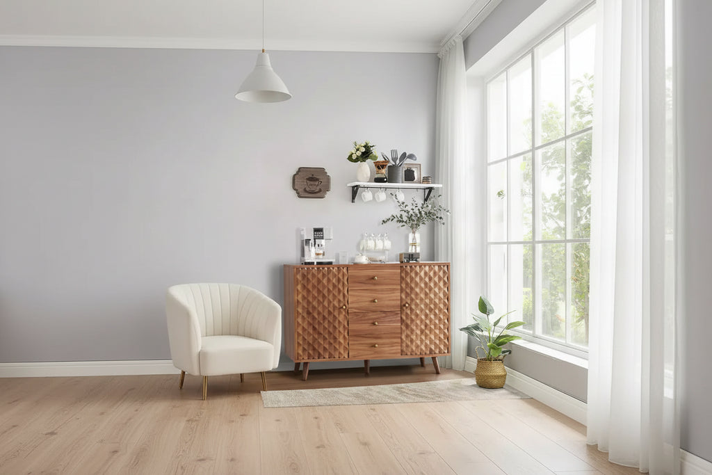 GustoWave 47 in Wood Farmhouse Buffet Cabinets with 2 Doors and 4 Drawers, Large Sideboard Buffet Cabinet with Diamond Engraving