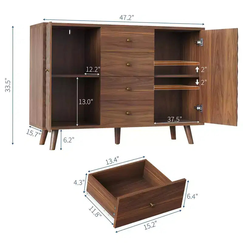 Buffet de ferme en bois de 120 cm avec 2 portes et 4 tiroirs, buffet avec gravure en losange, 120 x 40 x 85 cm