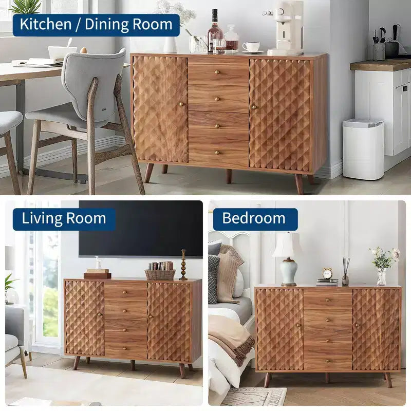 Buffet de ferme en bois de 120 cm avec 2 portes et 4 tiroirs, buffet avec gravure en losange, 120 x 40 x 85 cm