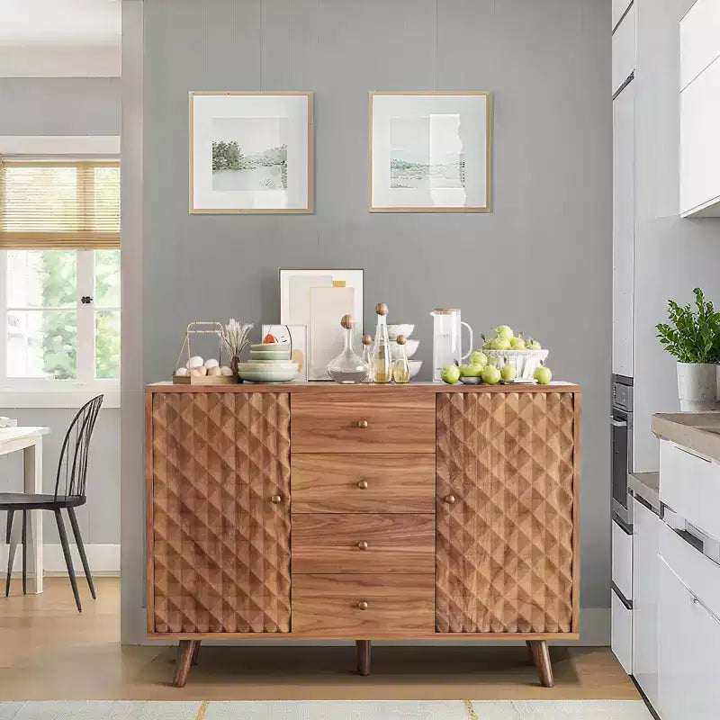 Buffet de ferme en bois de 120 cm avec 2 portes et 4 tiroirs, buffet avec gravure en losange, 120 x 40 x 85 cm