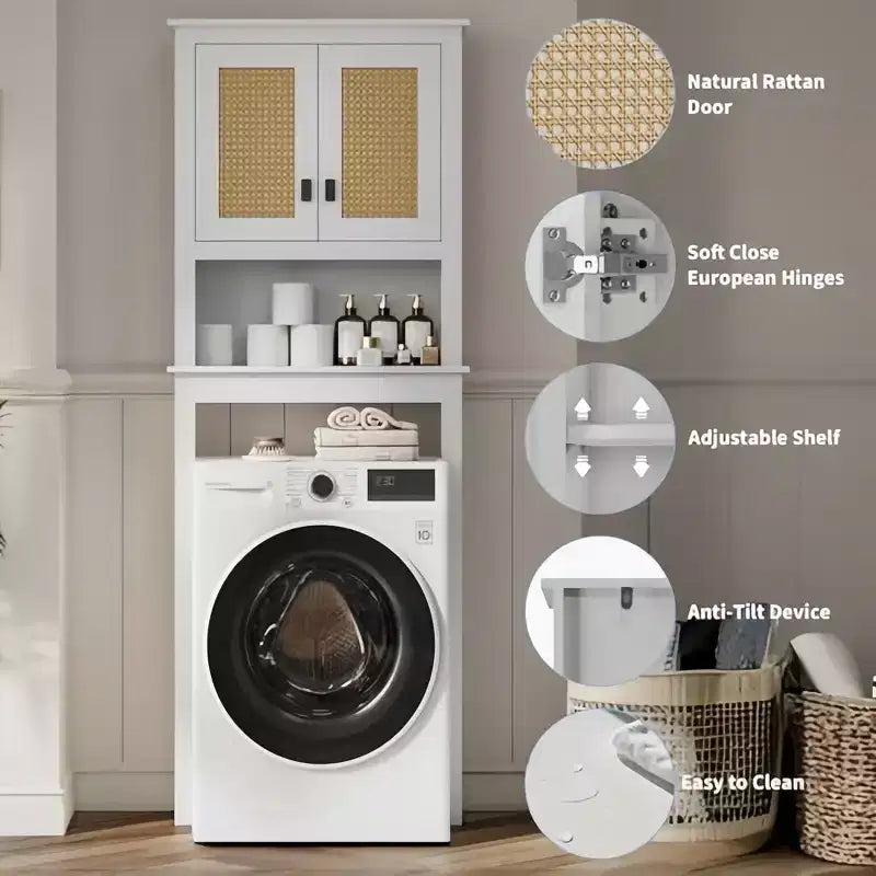 Meuble de Rangement de Salle de Bain de Style Ferme avec Portes en Rotin, Rangement au-Dessus des Toilettes, 23,6x7,7x63 po
