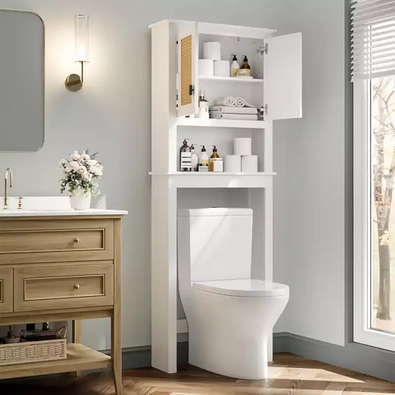 Meuble de Rangement de Salle de Bain de Style Ferme avec Portes en Rotin, Rangement au-Dessus des Toilettes, 23,6x7,7x63 po