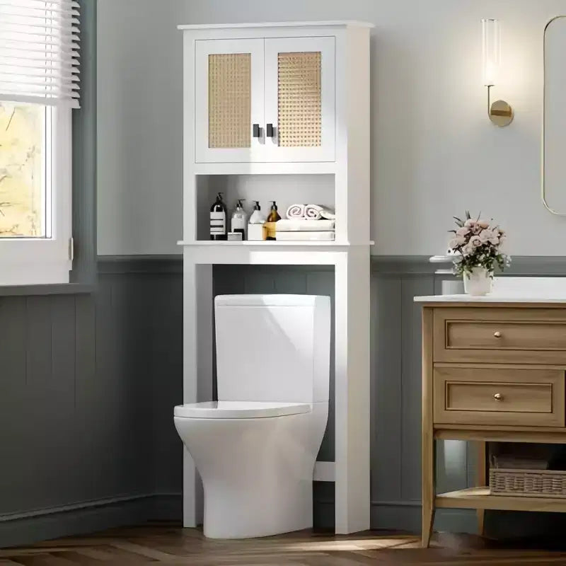 Meuble de Rangement de Salle de Bain de Style Ferme avec Portes en Rotin, Rangement au-Dessus des Toilettes, 23,6x7,7x63 po