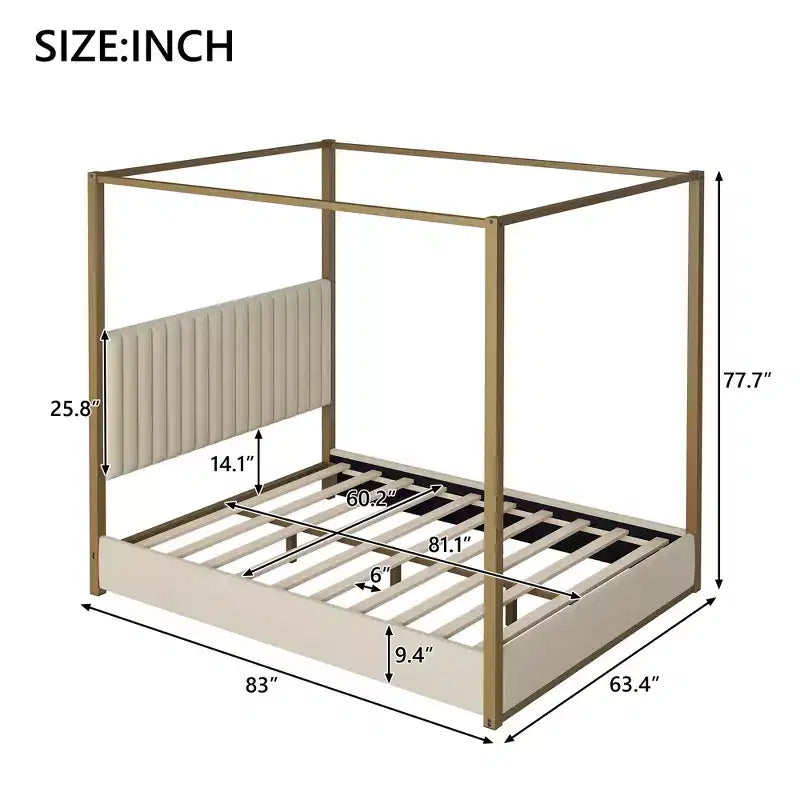 Lit queen-size à baldaquin avec tête de lit capitonnée, cadre en métal doré à 4 montants, beige, 63,4x83x77,7 pouces
