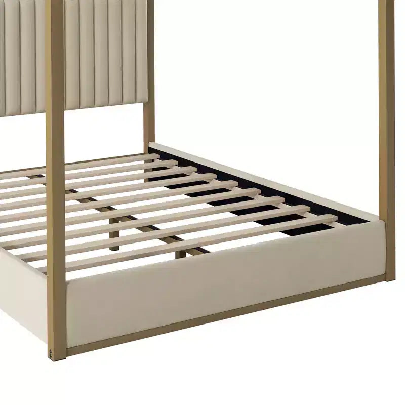 Lit queen-size à baldaquin avec tête de lit capitonnée, cadre en métal doré à 4 montants, beige, 63,4x83x77,7 pouces