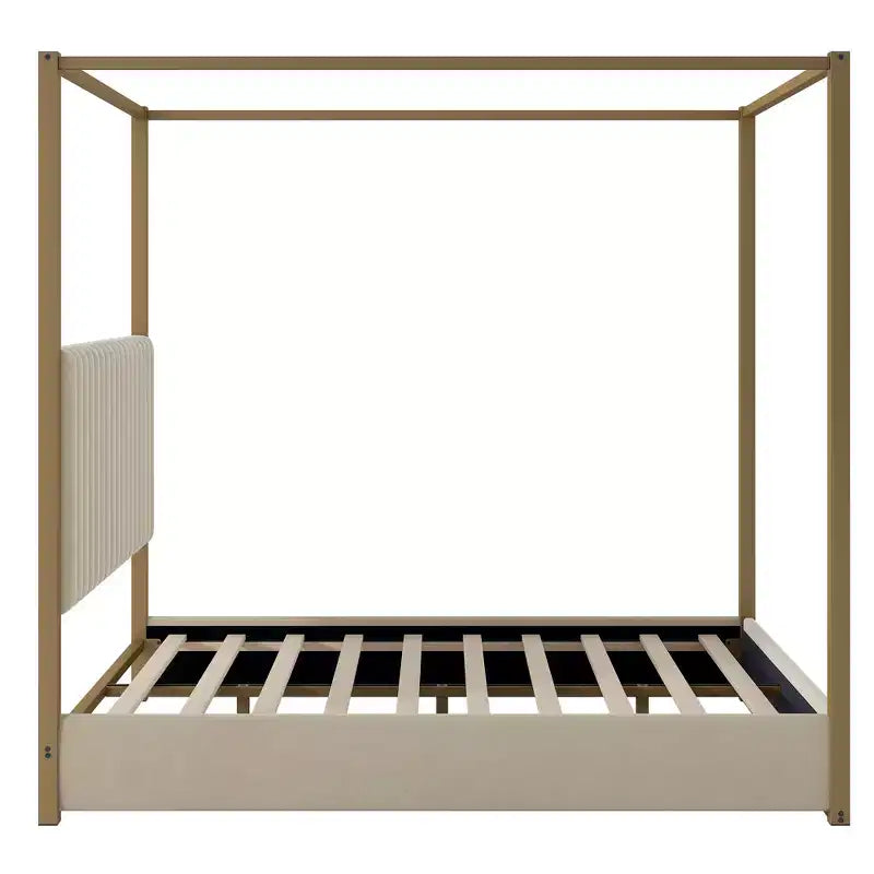 Lit queen-size à baldaquin avec tête de lit capitonnée, cadre en métal doré à 4 montants, beige, 63,4x83x77,7 pouces