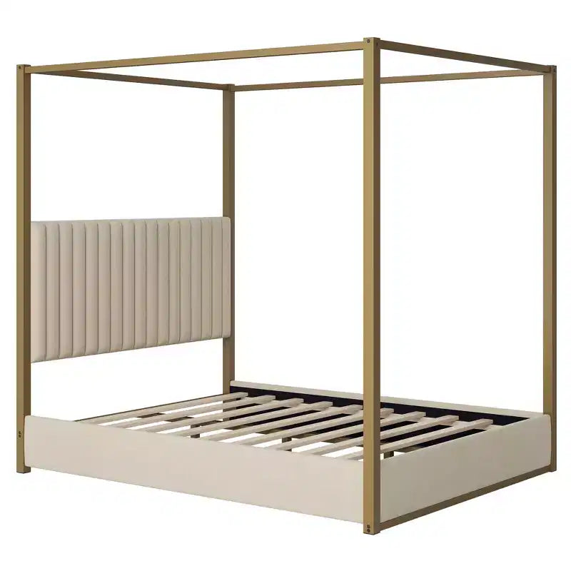 Lit queen-size à baldaquin avec tête de lit capitonnée, cadre en métal doré à 4 montants, beige, 63,4x83x77,7 pouces