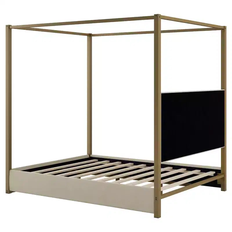 Lit queen-size à baldaquin avec tête de lit capitonnée, cadre en métal doré à 4 montants, beige, 63,4x83x77,7 pouces