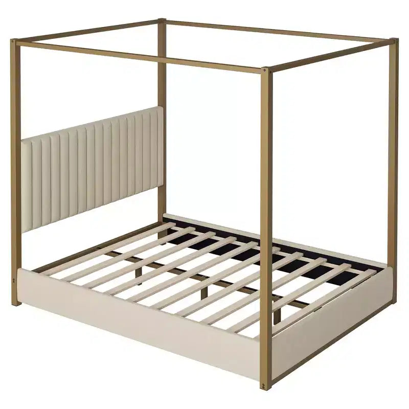 Lit queen-size à baldaquin avec tête de lit capitonnée, cadre en métal doré à 4 montants, beige, 63,4x83x77,7 pouces