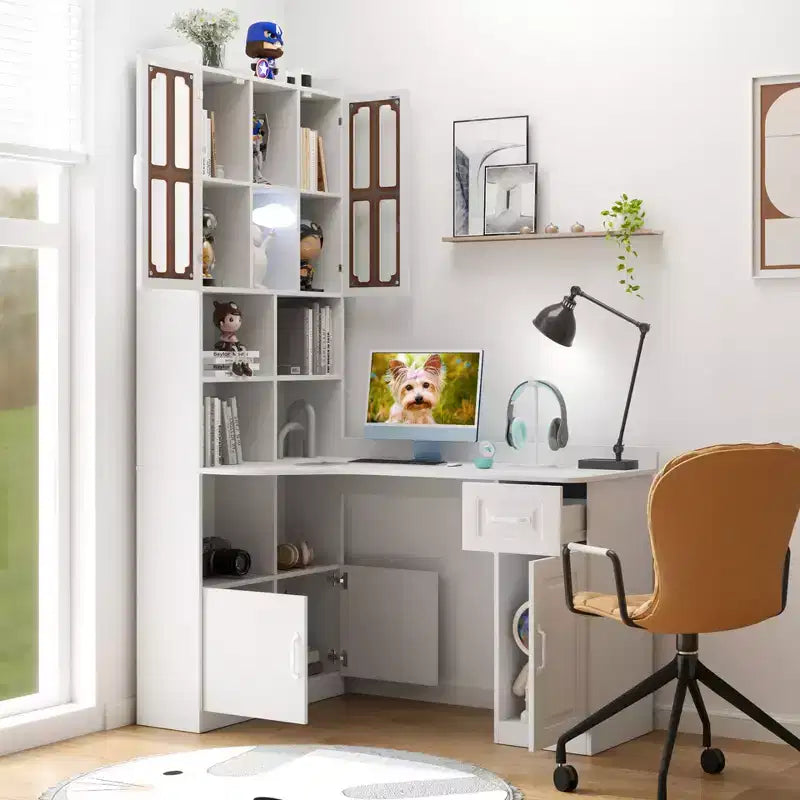 Bureau d'angle en L 2-en-1 avec tiroirs, étagère et huche, 76,8x55,1x31,5 po