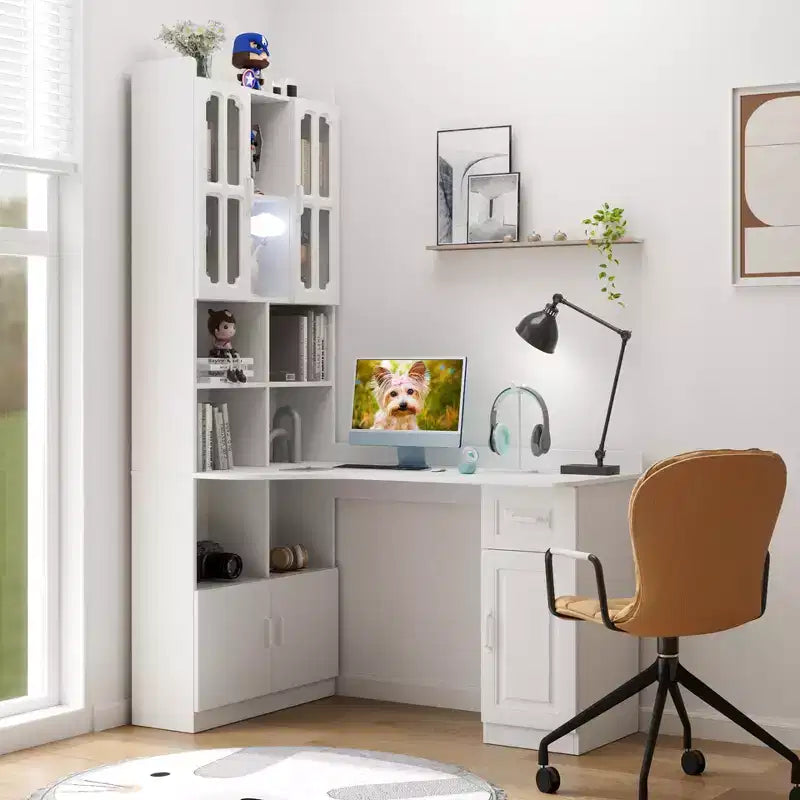 Bureau d'angle en L 2-en-1 avec tiroirs, étagère et huche, 76,8x55,1x31,5 po