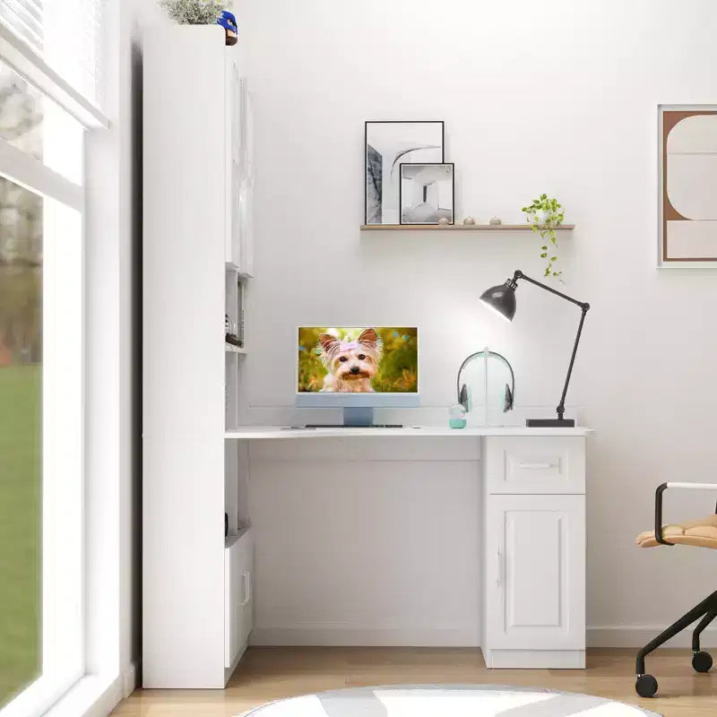 Bureau d'angle en L 2-en-1 avec tiroirs, étagère et huche, 76,8x55,1x31,5 po