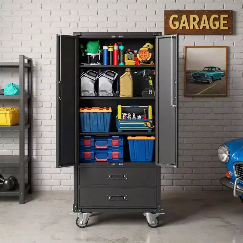 Armoire de rangement en métal noir de 170 cm avec roulettes, 2 tiroirs, 4 étagères réglables et portes verrouillables