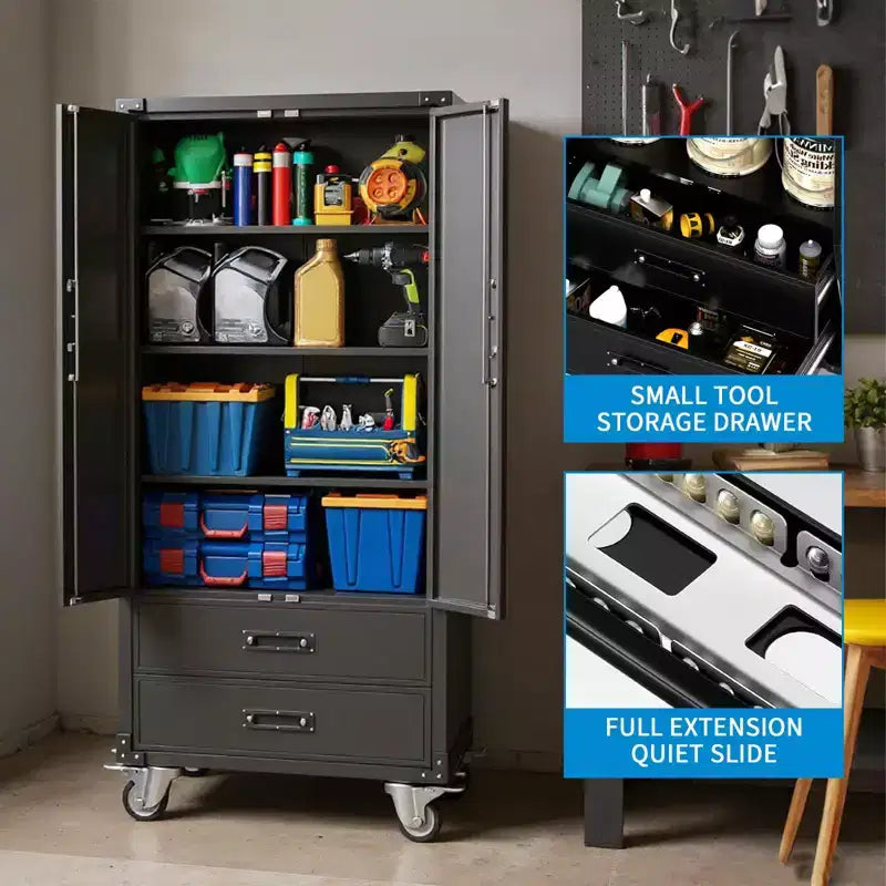 Armoire de rangement en métal noir de 170 cm avec roulettes, 2 tiroirs, 4 étagères réglables et portes verrouillables