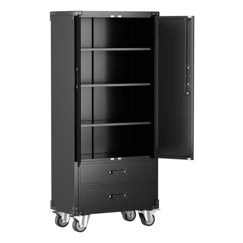 Armoire de rangement en métal noir de 170 cm avec roulettes, 2 tiroirs, 4 étagères réglables et portes verrouillables