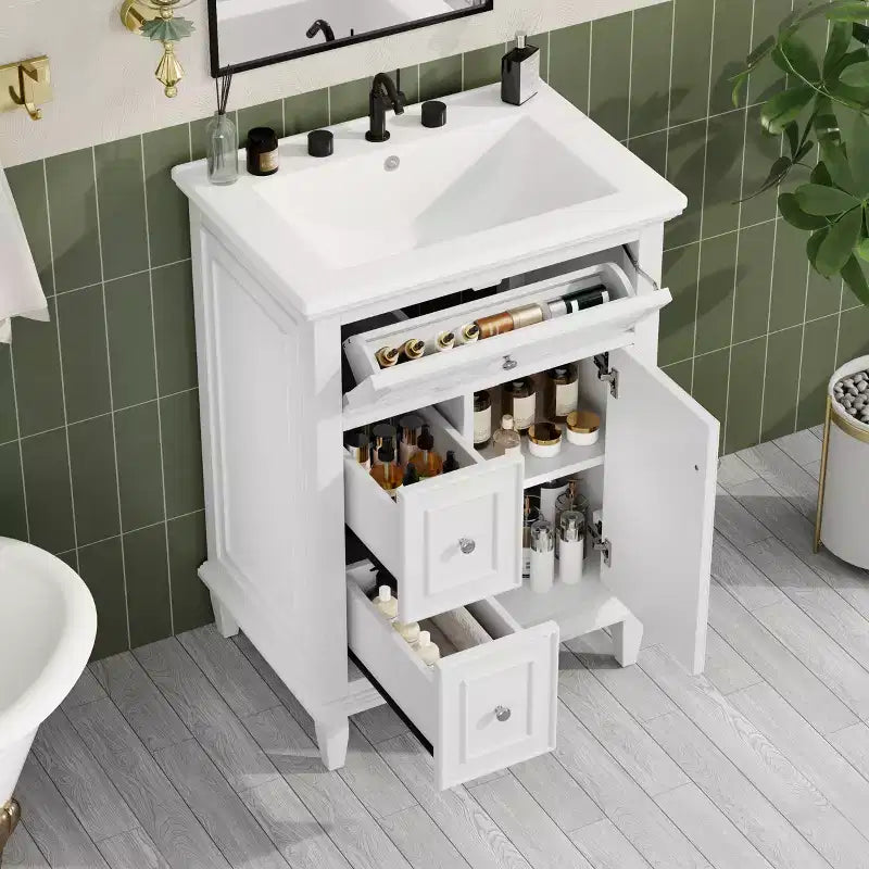 Meuble-lavabo de salle de bain autoportant avec évier et tiroirs de rangement