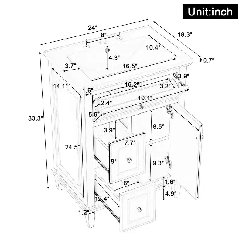 Meuble-lavabo de salle de bain autoportant avec évier et tiroirs de rangement