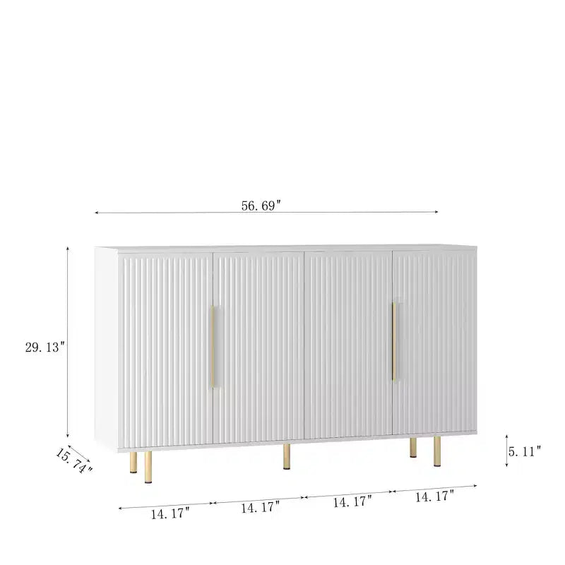 Buffet moderne de 144 cm avec panneaux latéraux rainurés et étagères réglables, blanc
