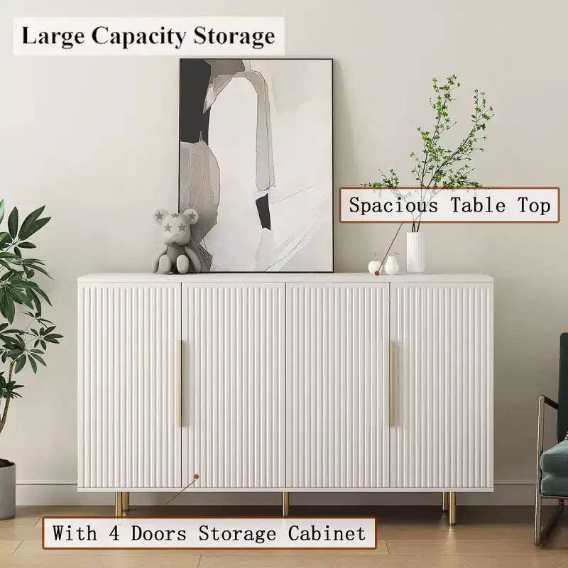 Buffet moderne de 144 cm avec panneaux latéraux rainurés et étagères réglables, blanc