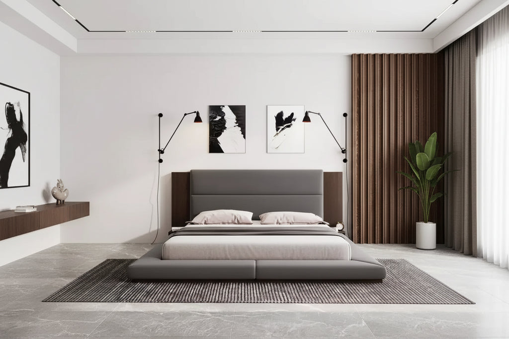 GDFStudio Bacon Floor Upholstered Platform Bed with Extended Wood Headboard and Built-In Bedside Shelves