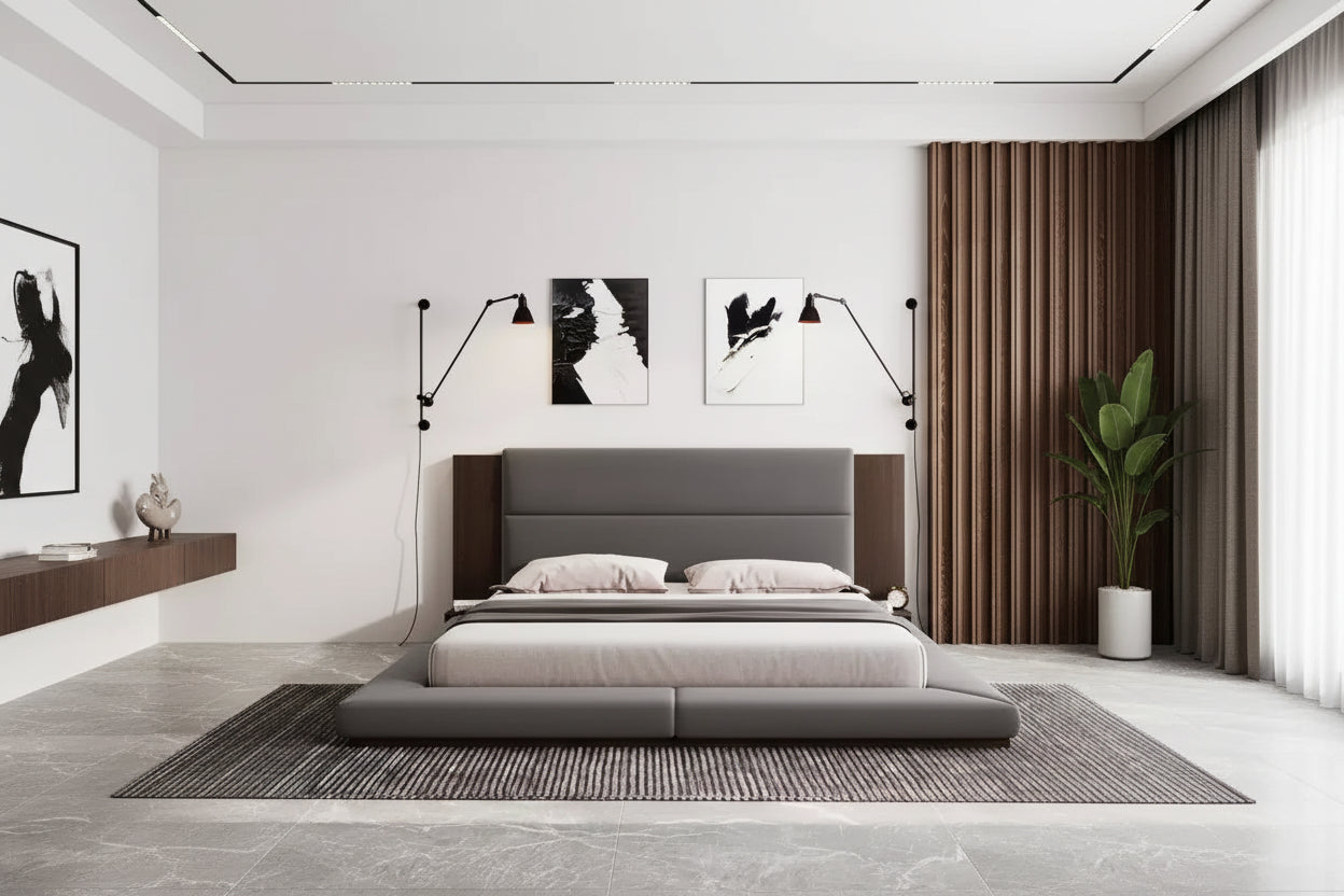 GDFStudio Bacon Floor Upholstered Platform Bed with Extended Wood Headboard and Built-In Bedside Shelves