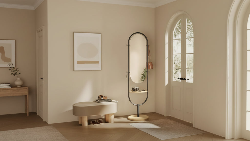 Full-Length Standing Mirror, 3-in-1 Award-Winning Design. In Oak Beige & Ink Black for Living Room, Bedroom Decor