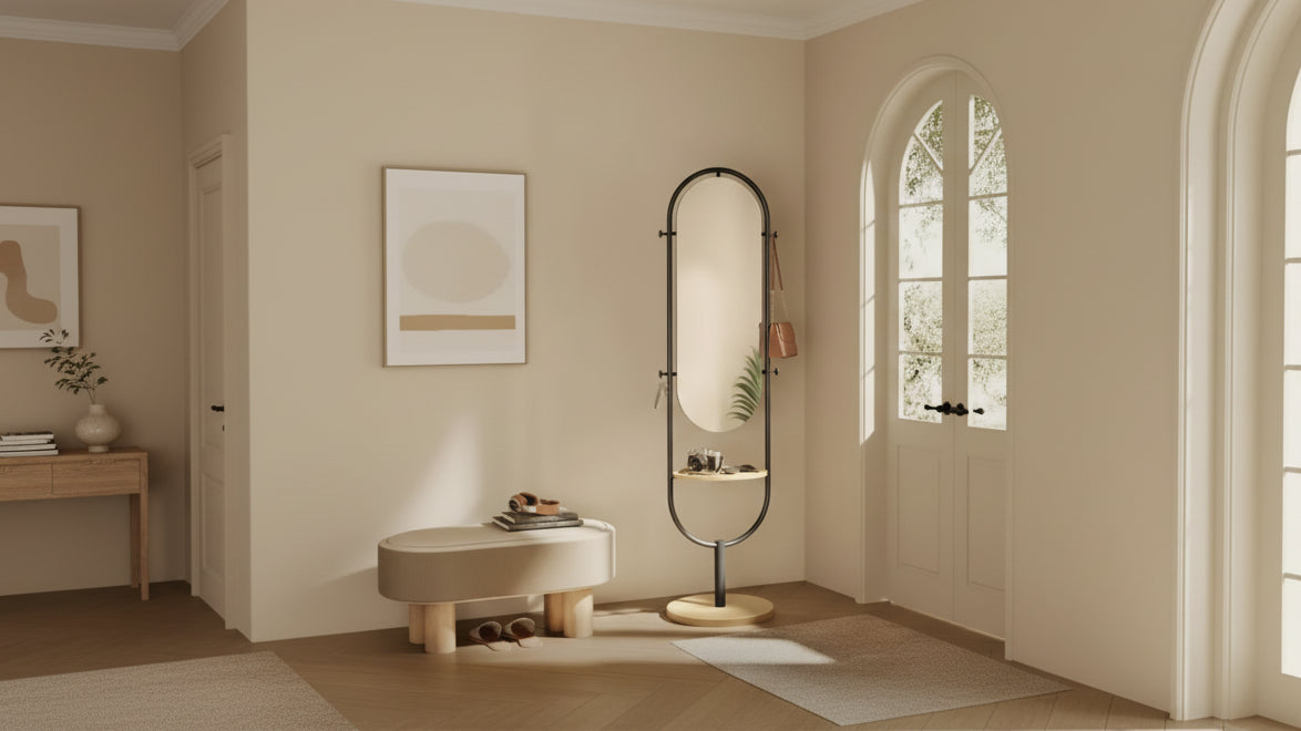 Full-Length Standing Mirror, 3-in-1 Award-Winning Design. In Oak Beige & Ink Black for Living Room, Bedroom Decor