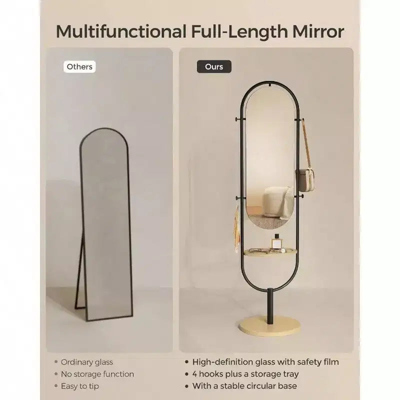 Miroir sur pied pleine longueur, conception 3-en-1, Chêne Beige et Noir Encre, pour Salon et Chambre à Coucher