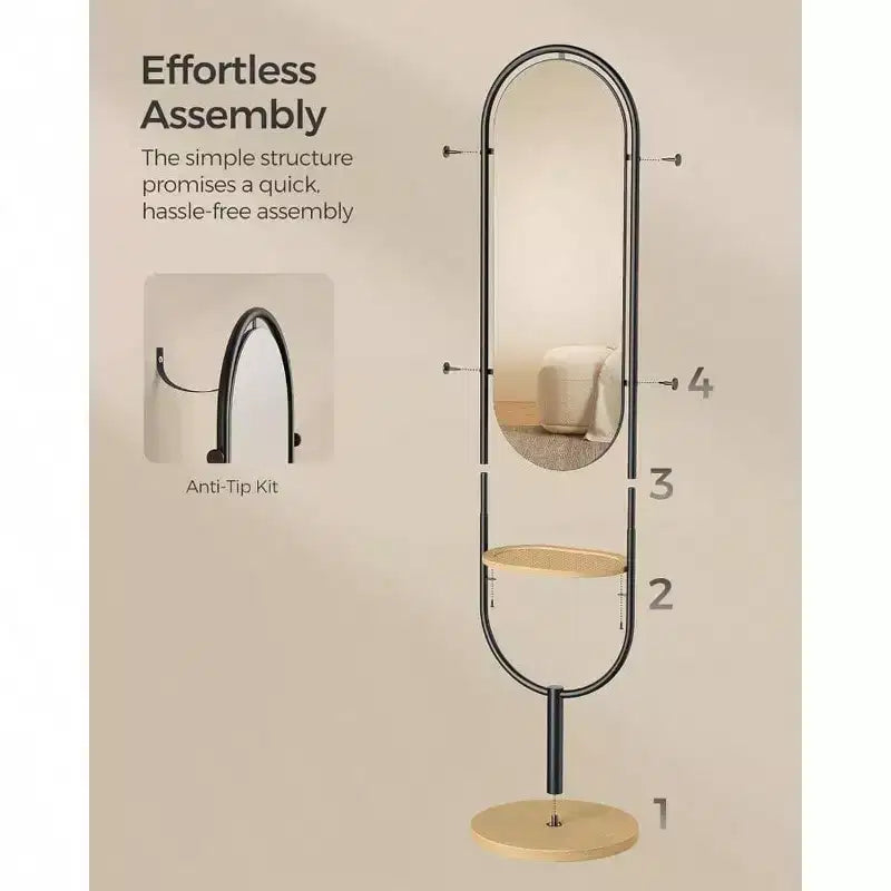 Miroir sur pied pleine longueur, conception 3-en-1, Chêne Beige et Noir Encre, pour Salon et Chambre à Coucher