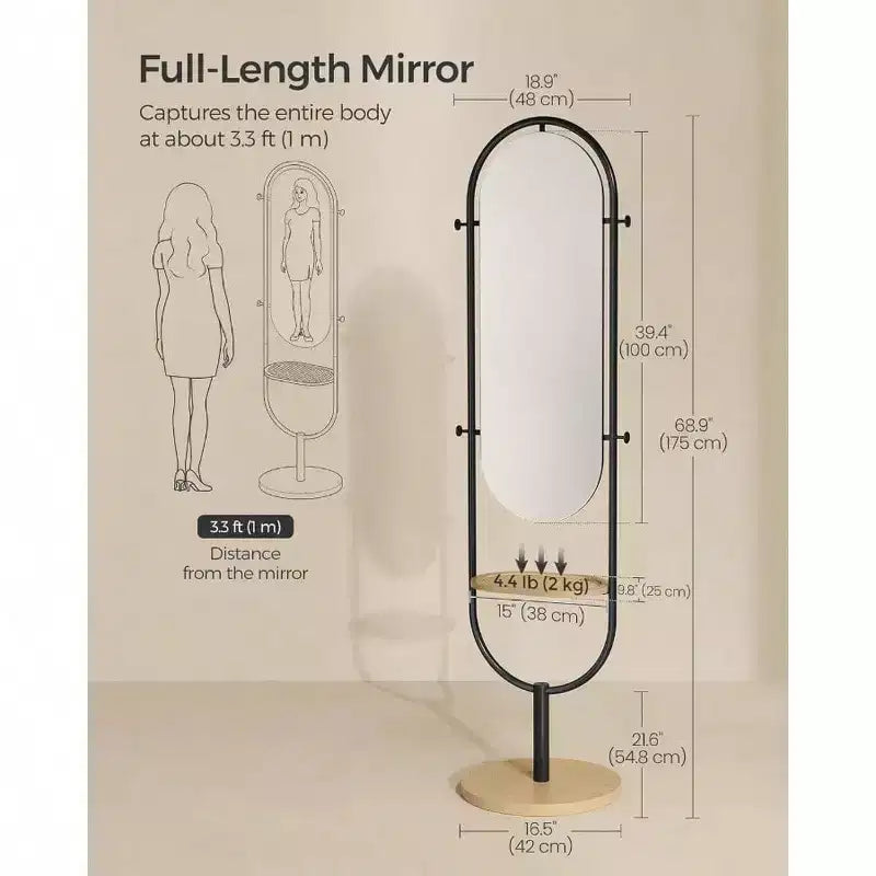Miroir sur pied pleine longueur, conception 3-en-1, Chêne Beige et Noir Encre, pour Salon et Chambre à Coucher