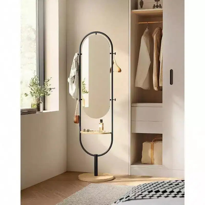Miroir sur pied pleine longueur, conception 3-en-1, Chêne Beige et Noir Encre, pour Salon et Chambre à Coucher
