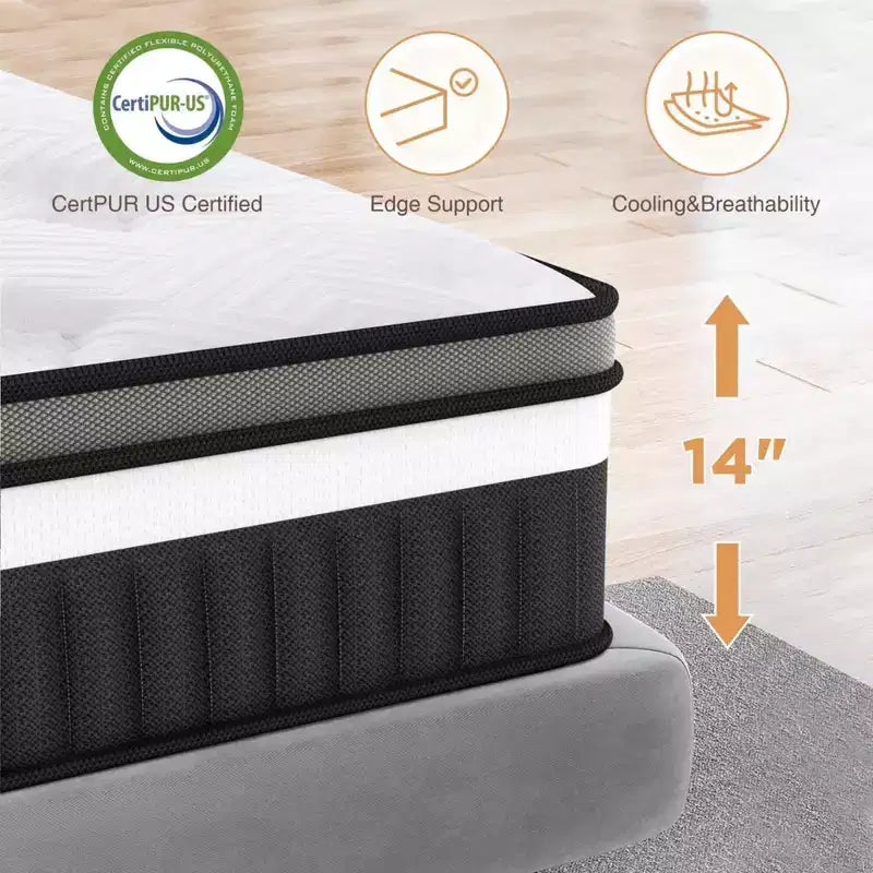 Matelas hybride Queen 14 pouces, Mi-ferme, Mousse à mémoire de forme et Ressorts ensachés