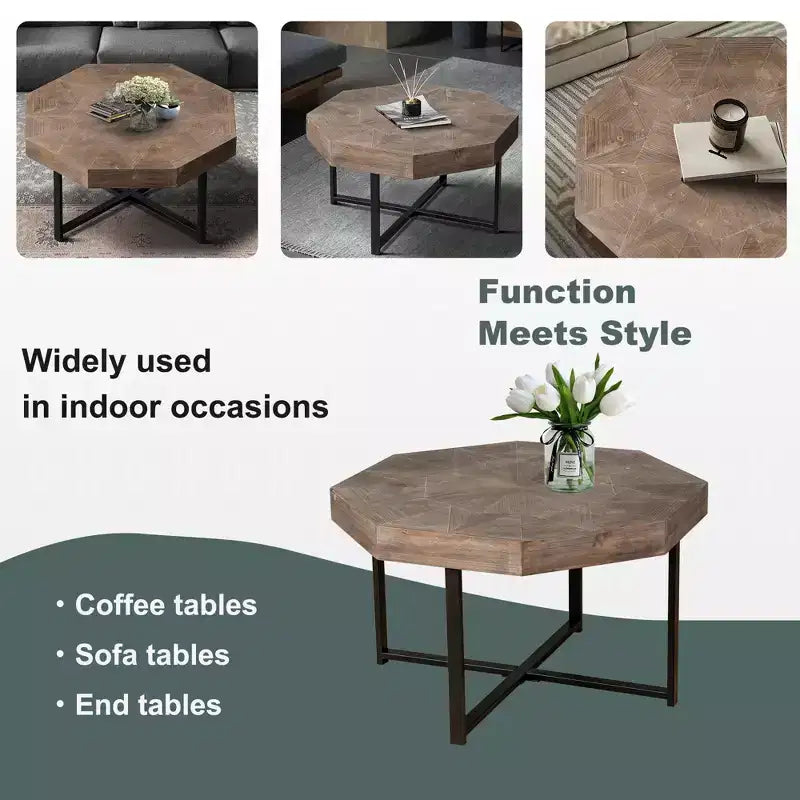Table basse octogonale vintage de 29,1 pouces avec base en acier entrecroisée, table basse de 30 pouces pour le salon