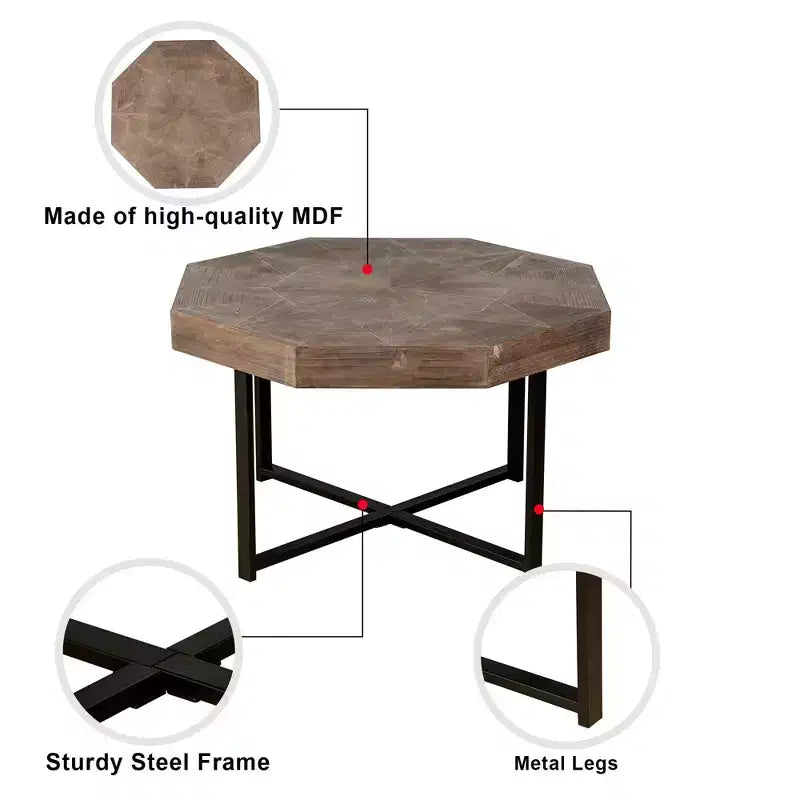Table basse octogonale vintage de 29,1 pouces avec base en acier entrecroisée, table basse de 30 pouces pour le salon