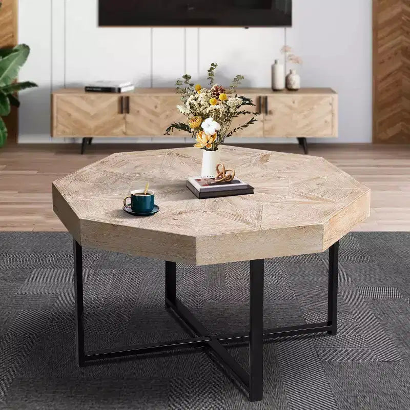 Table basse octogonale vintage de 29,1 pouces avec base en acier entrecroisée, table basse de 30 pouces pour le salon