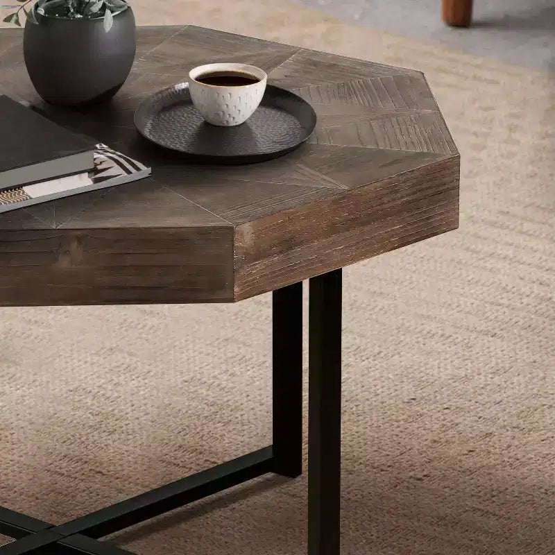 Table basse octogonale vintage de 29,1 pouces avec base en acier entrecroisée, table basse de 30 pouces pour le salon