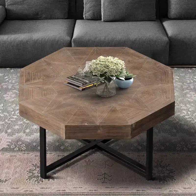 Table basse octogonale vintage de 29,1 pouces avec base en acier entrecroisée, table basse de 30 pouces pour le salon