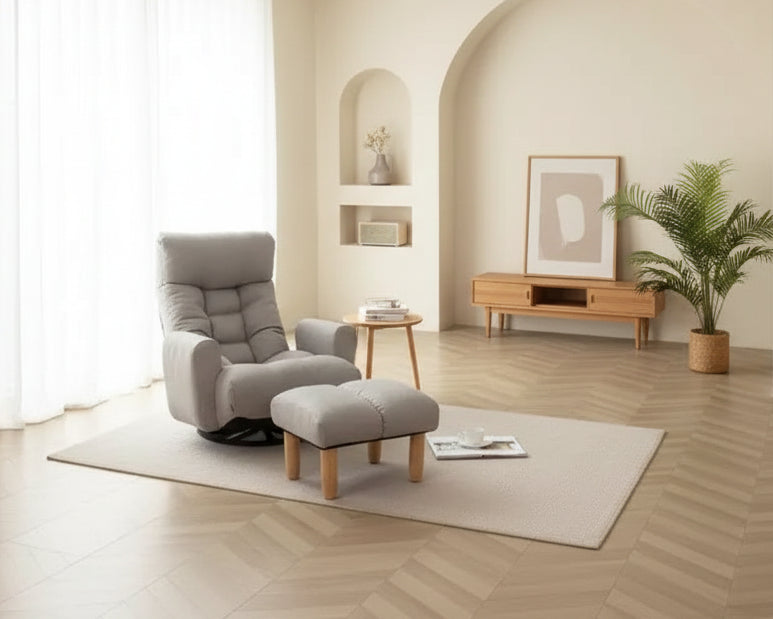 Fauteuil poire rotatif à 360 degrés avec poche latérale et appuie-tête réglable, Chaise de sol pour chambre à coucher et salon, Gris ciment