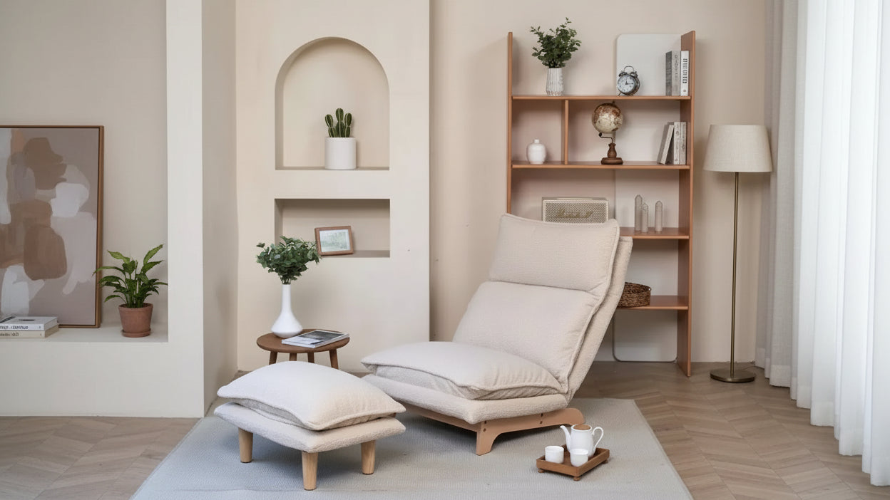Okak Foldable Bean Bag Chair with Footstool, Comfy Sofa Chair with Adjustable Backrest&High-Density Sponge, Floor Chair for Balcony, Living Room,Beige