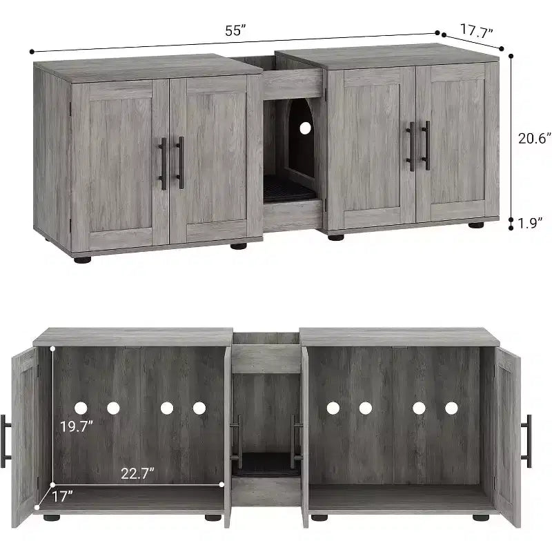 Bac à litière 3-en-1 de 55 po avec doubles compartiments, meuble cache-litière en bois de style ferme, 55x17,7x20,6 po
