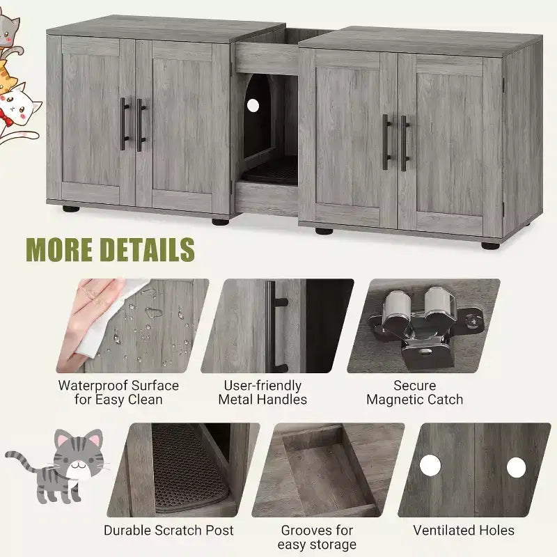 Bac à litière 3-en-1 de 55 po avec doubles compartiments, meuble cache-litière en bois de style ferme, 55x17,7x20,6 po